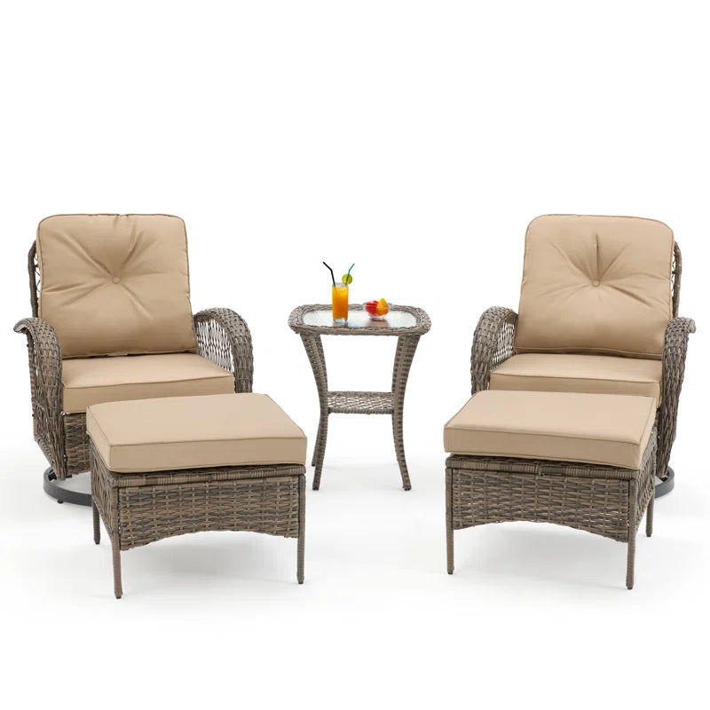 5-Piece Outdoor Patio Furniture Set with Swivel Rocking Chairs, Ottomans and Glass Coffee Table