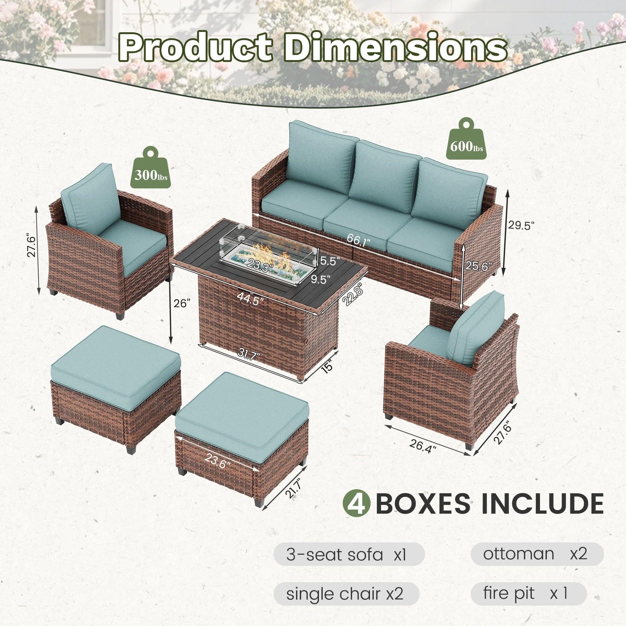 Patio Furniture Set with 44" Fire Pit Table, 6 Pieces Outdoor Sectional Conversation Sets, All-Weather Wicker Rattan Sofa Ottoman with 4" Thick Cushion for Garden Backyard Deck, Light Blue