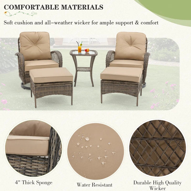 5-Piece Outdoor Patio Furniture Set with Swivel Rocking Chairs, Ottomans and Glass Coffee Table