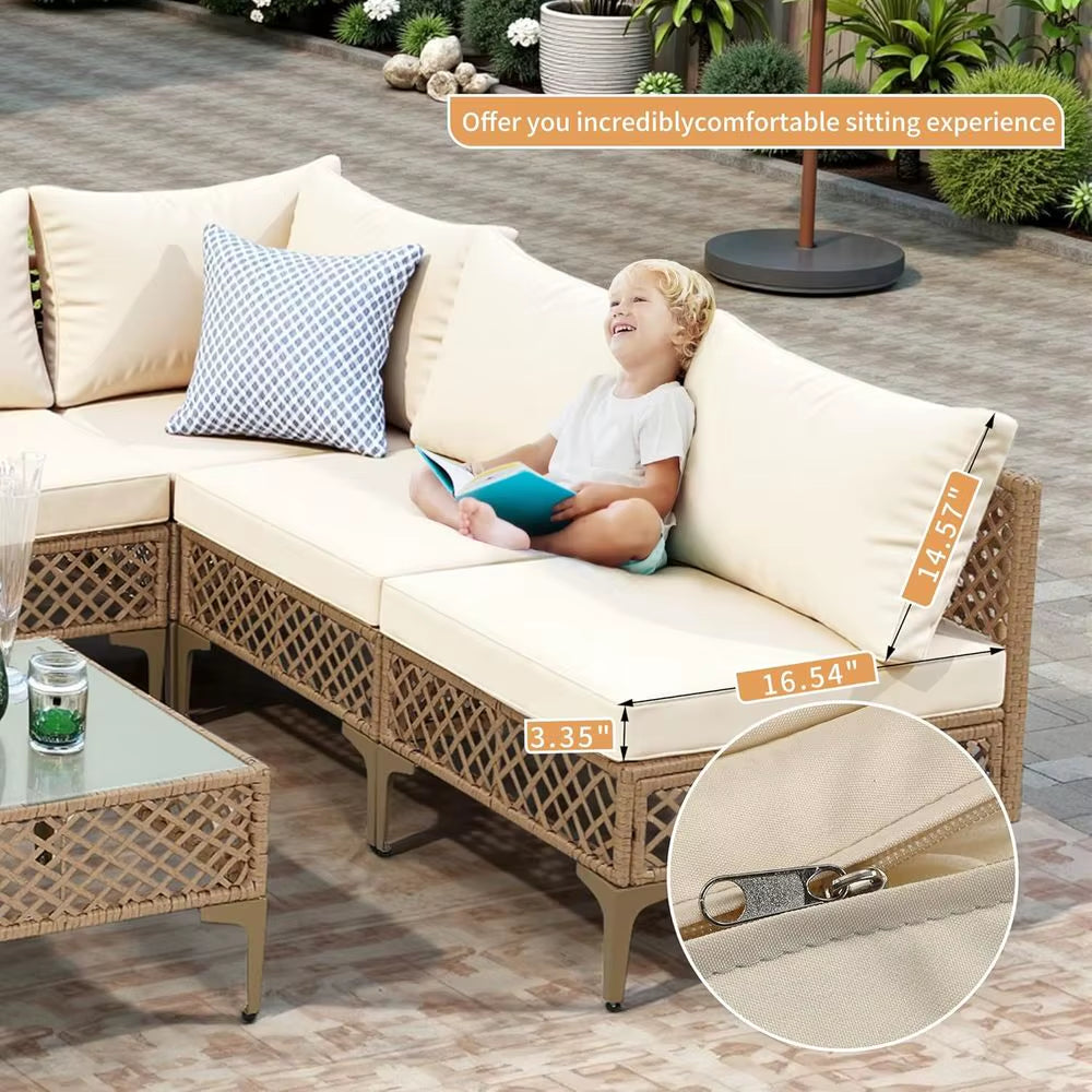 7-Piece Outdoor Wicker Sectional Patio Furniture Set with Cushions and Glass Coffee Table for Backyard, Poolside, Porch (Yellow/