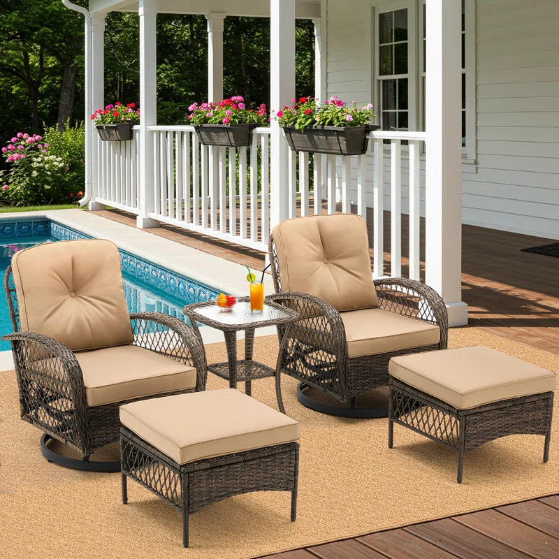 5-Piece Outdoor Patio Furniture Set with Swivel Rocking Chairs, Ottomans and Glass Coffee Table