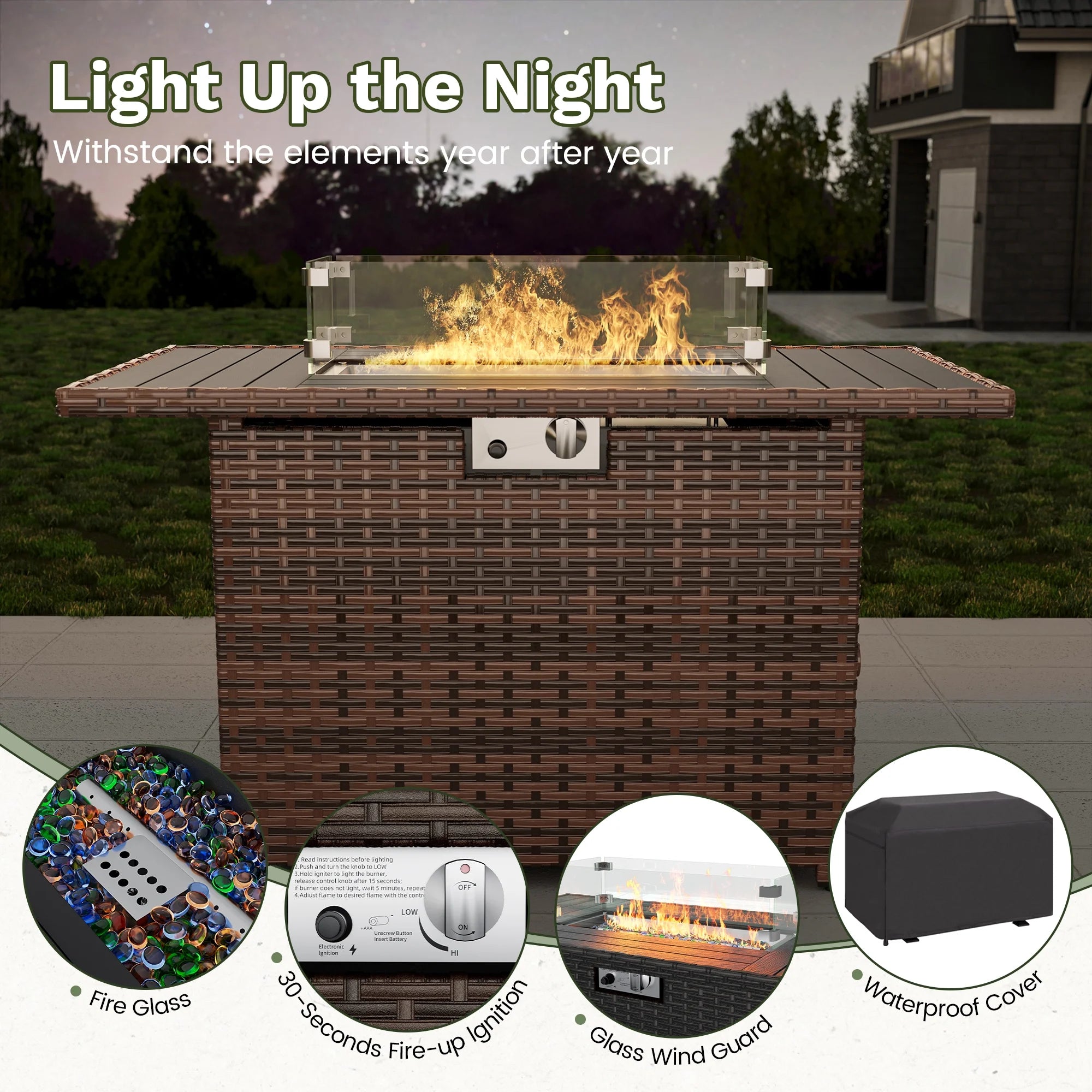 Patio Furniture Set with 44" Fire Pit Table, 6 Pieces Outdoor Sectional Conversation Sets, All-Weather Wicker Rattan Sofa Ottoman with 4" Thick Cushion for Garden Backyard Deck, Light Blue
