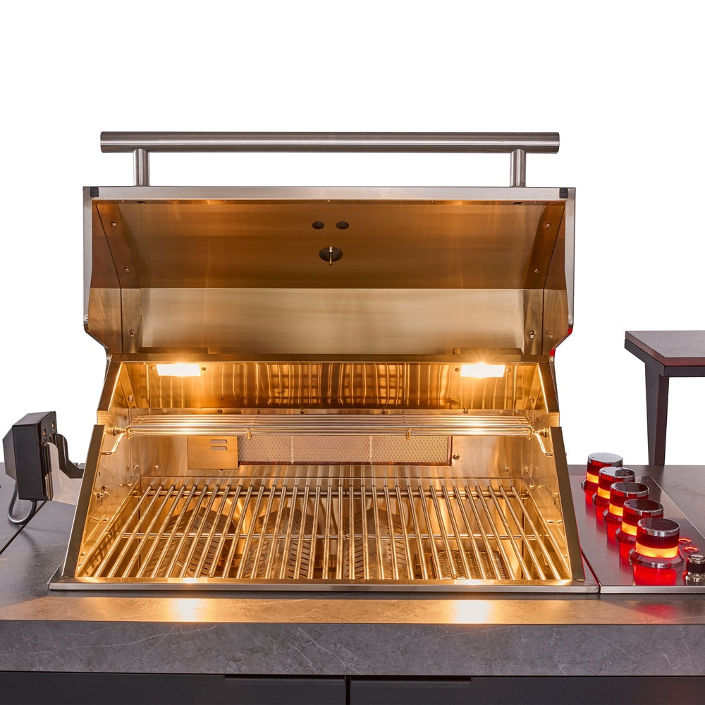 Forno Rimini Outdoor Kitchen 30" BBQ 62,600 BTU, 3 Burners with Sear & Rotisserie, 2.4 cu.ft. Beverage Center, Stainless Steel Sink, Black Cabinets & Gray Sintered Stone Countertop