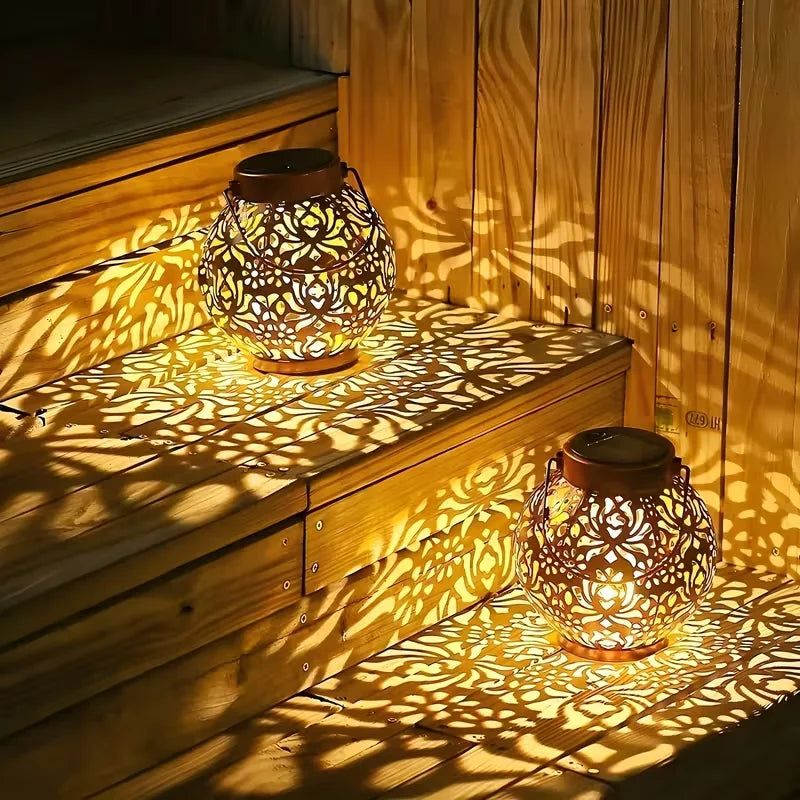 Solar LED Lantern Outdoor Iron Art Hanging Light Carved Hollow Design Waterproof Landscape Projection Lamp for Yard Garden Decor