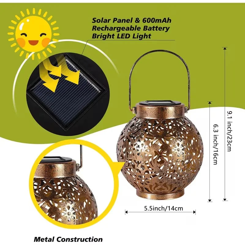 Solar LED Lantern Outdoor Iron Art Hanging Light Carved Hollow Design Waterproof Landscape Projection Lamp for Yard Garden Decor