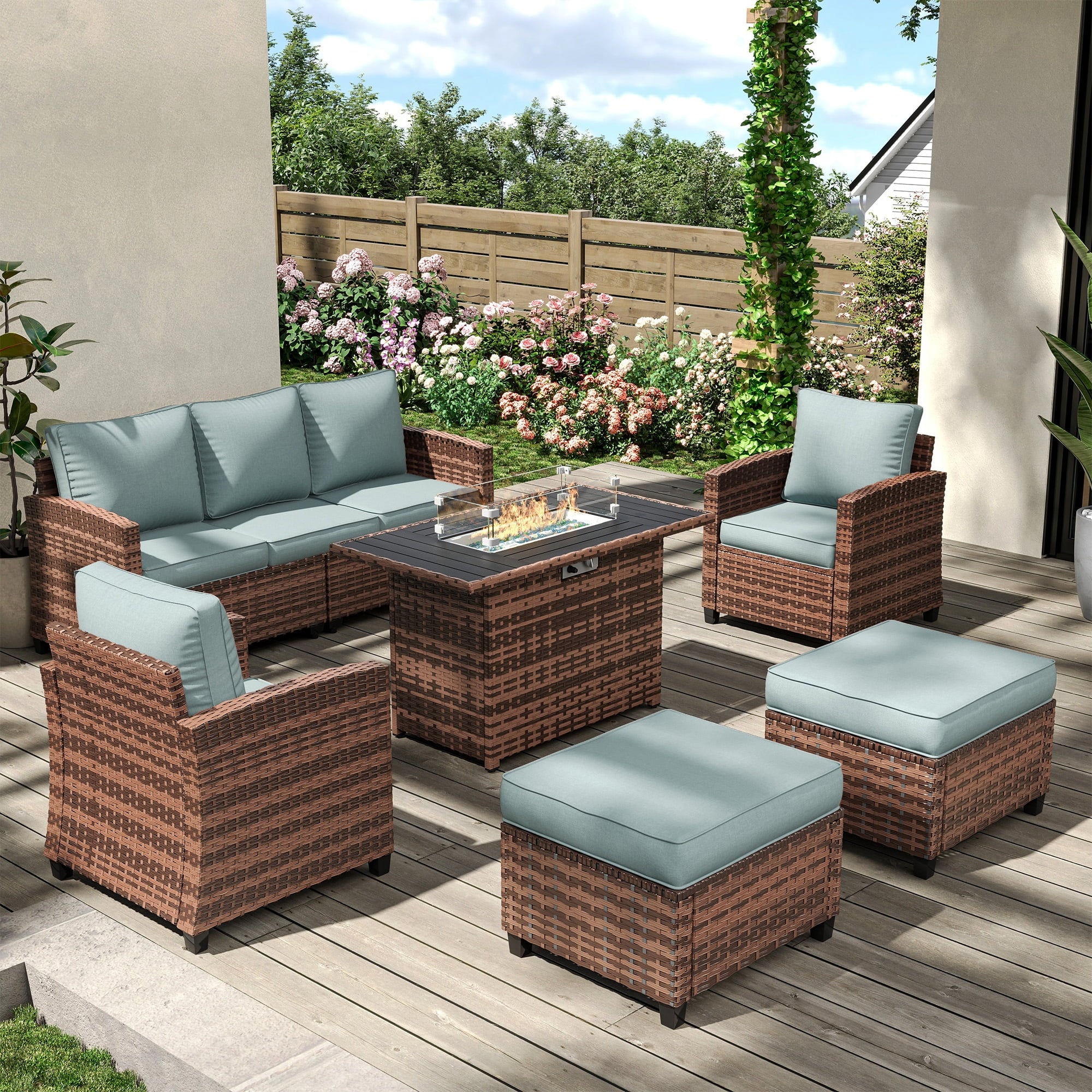 Patio Furniture Set with 44" Fire Pit Table, 6 Pieces Outdoor Sectional Conversation Sets, All-Weather Wicker Rattan Sofa Ottoman with 4" Thick Cushion for Garden Backyard Deck, Light Blue