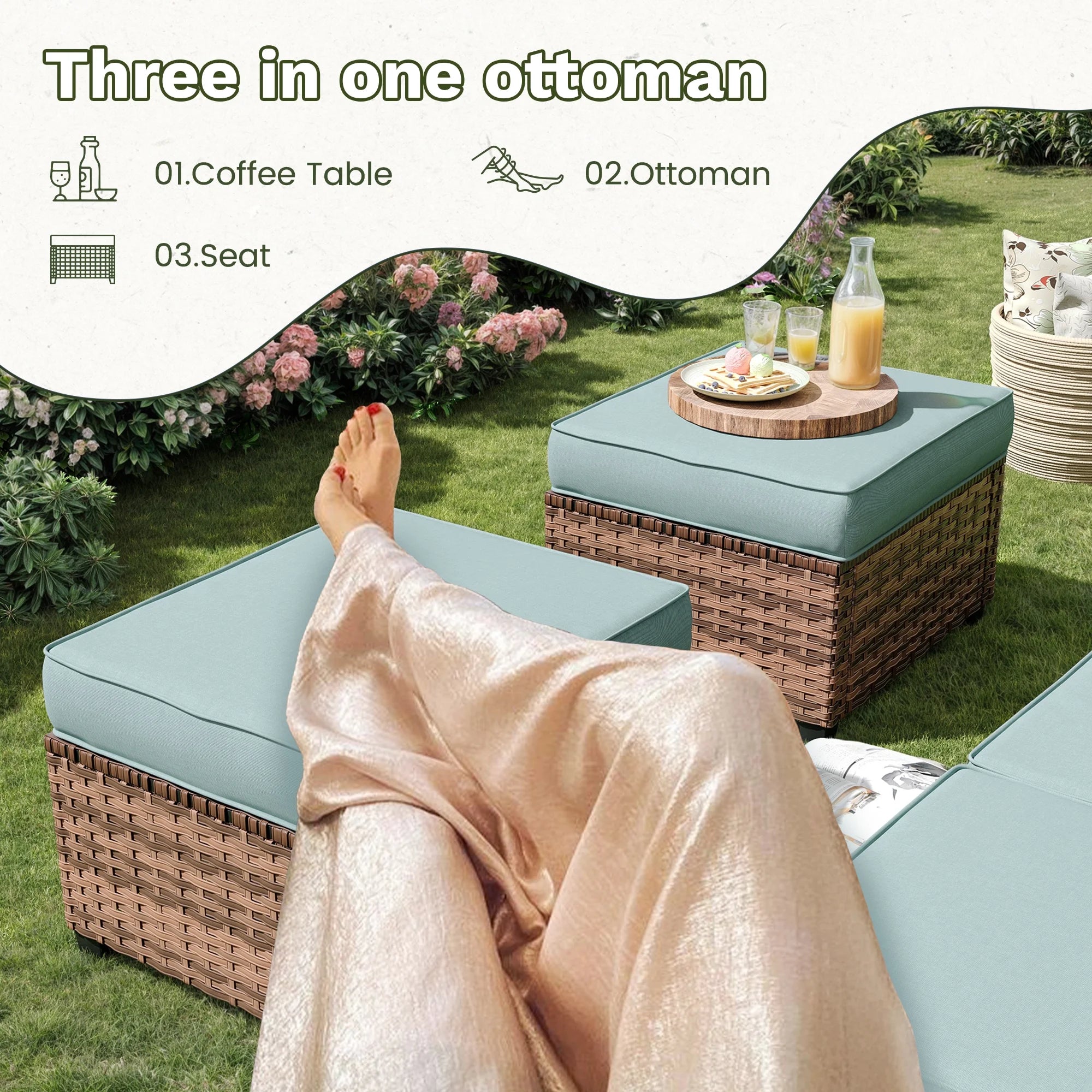 Patio Furniture Set with 44" Fire Pit Table, 6 Pieces Outdoor Sectional Conversation Sets, All-Weather Wicker Rattan Sofa Ottoman with 4" Thick Cushion for Garden Backyard Deck, Light Blue