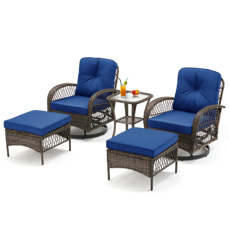 5-Piece Outdoor Patio Furniture Set with Swivel Rocking Chairs, Ottomans and Glass Coffee Table