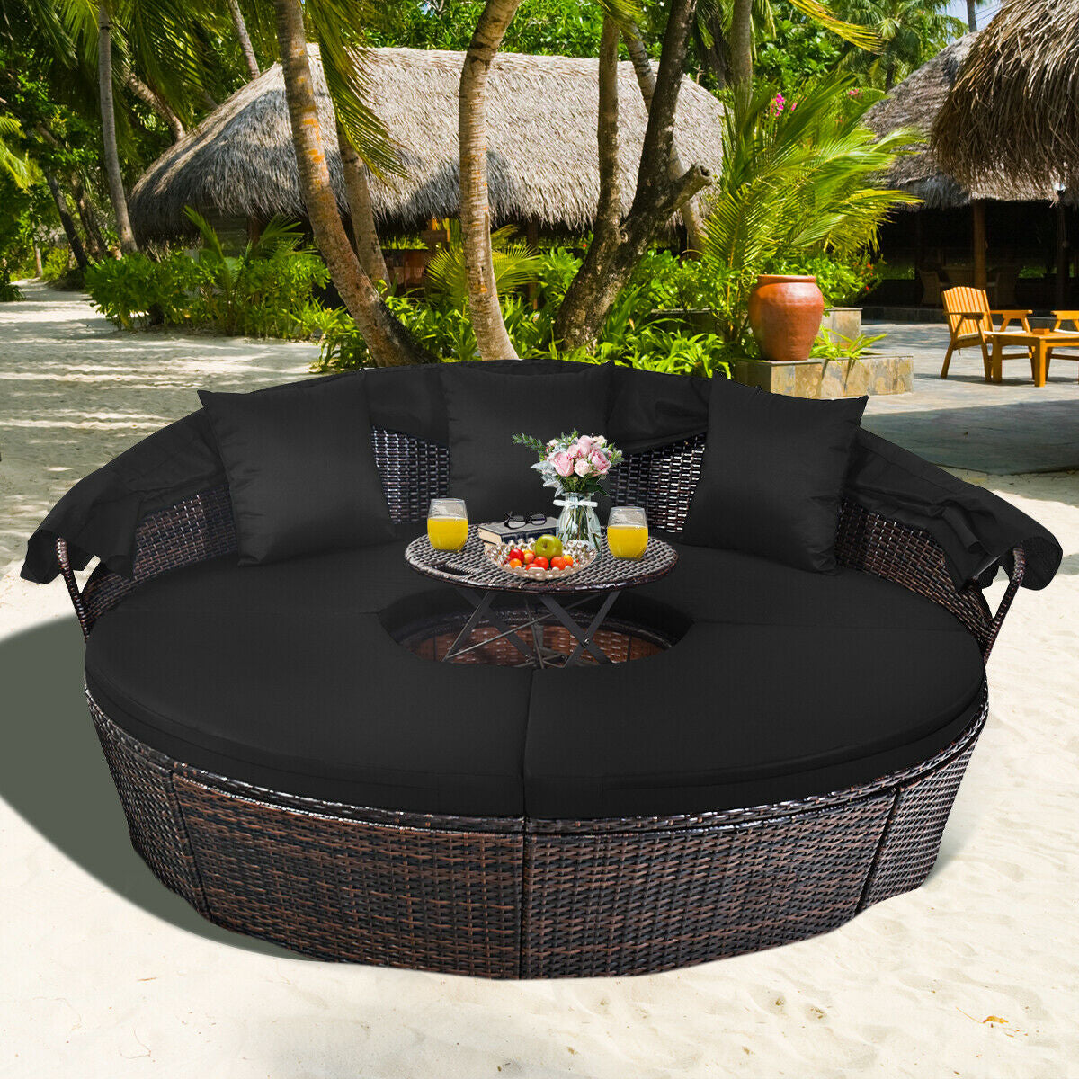 Patio Round Daybed Rattan Furniture Sets with Canopy