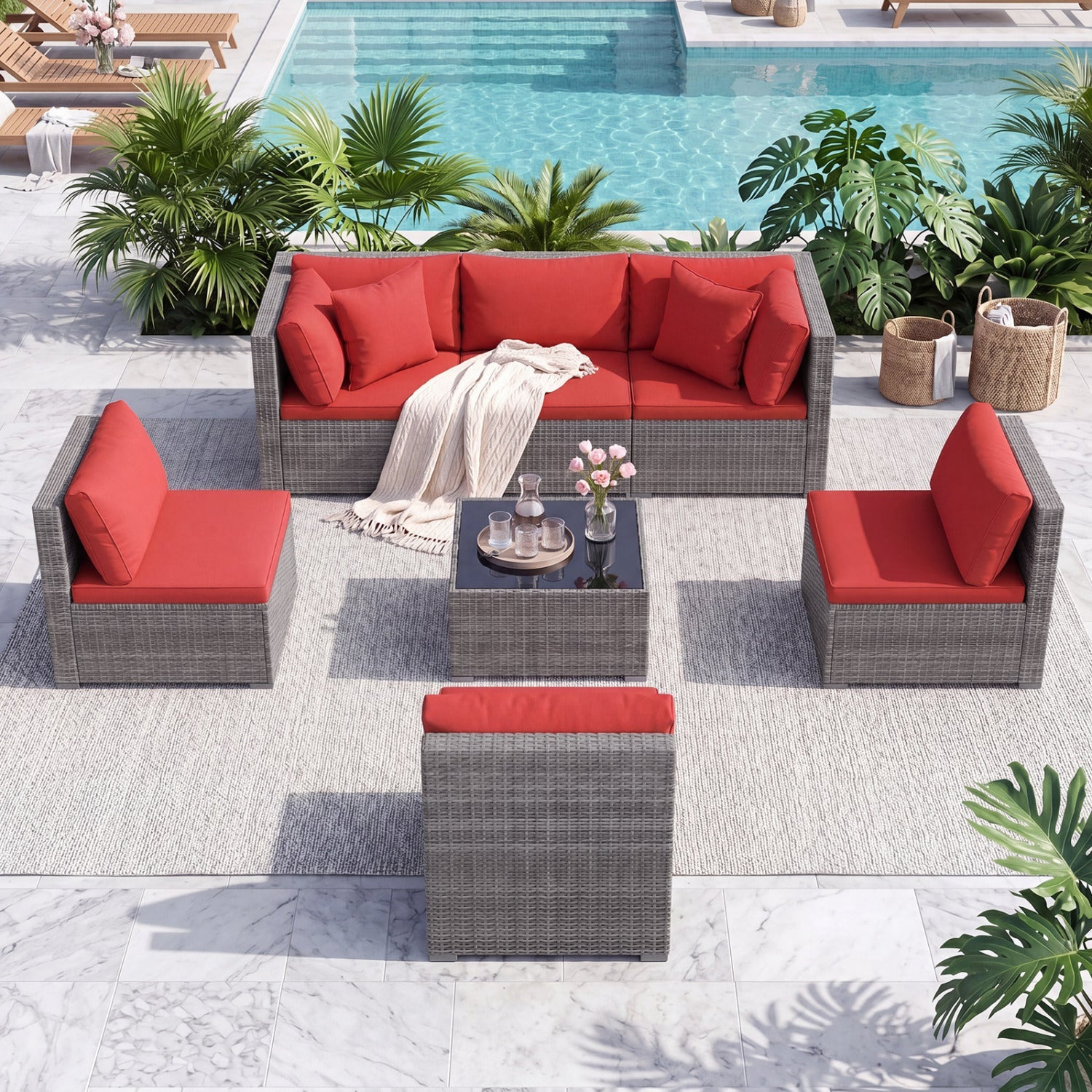 7-Piece Patio Conversation Set with Glass Table & Cushions