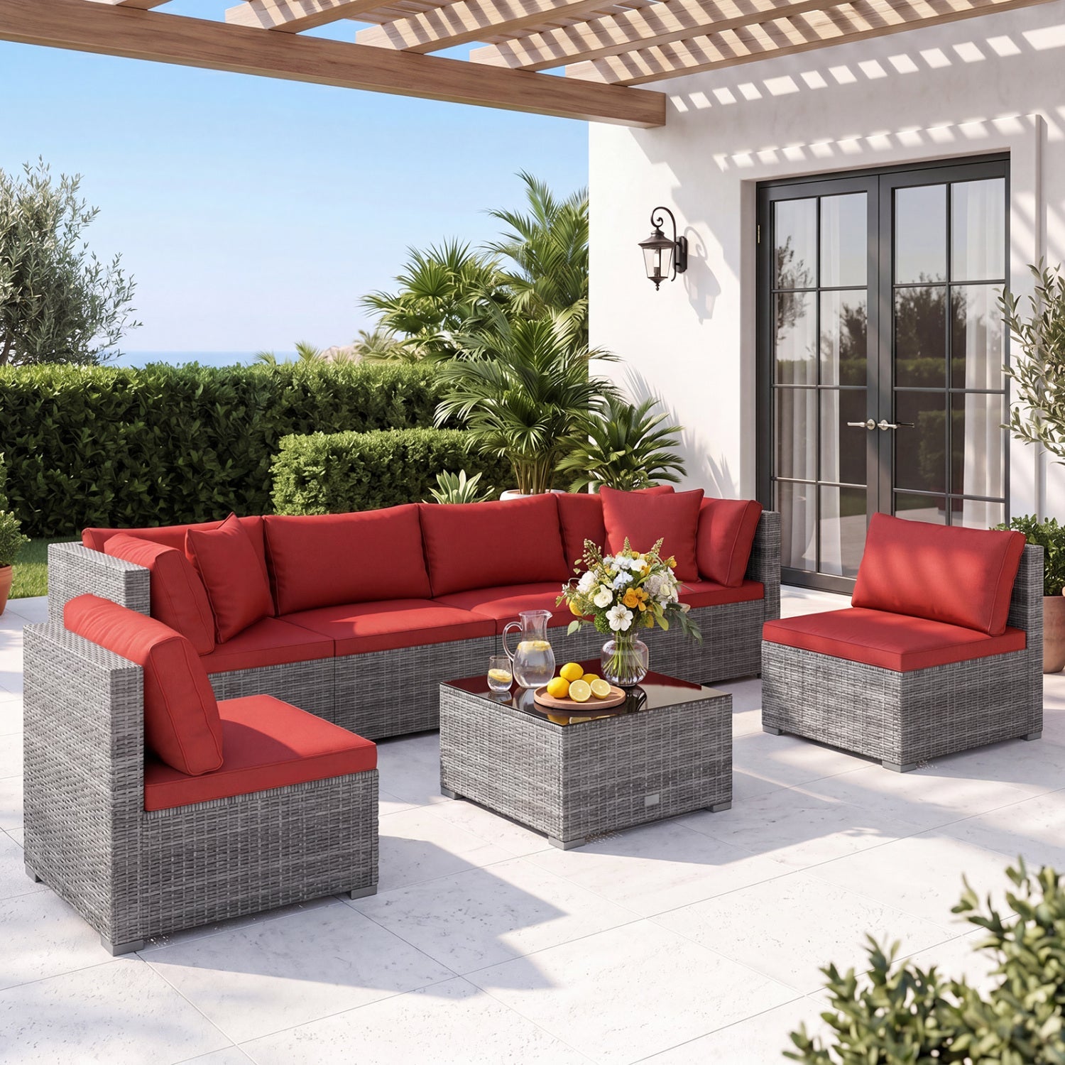7-Piece Patio Conversation Set with Glass Table & Cushions