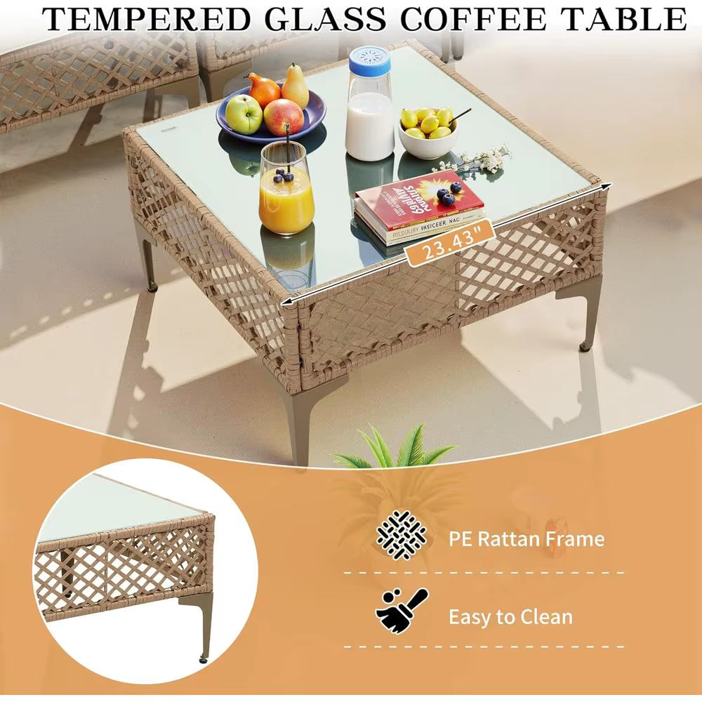 7-Piece Outdoor Wicker Sectional Patio Furniture Set with Cushions and Glass Coffee Table for Backyard, Poolside, Porch (Yellow/