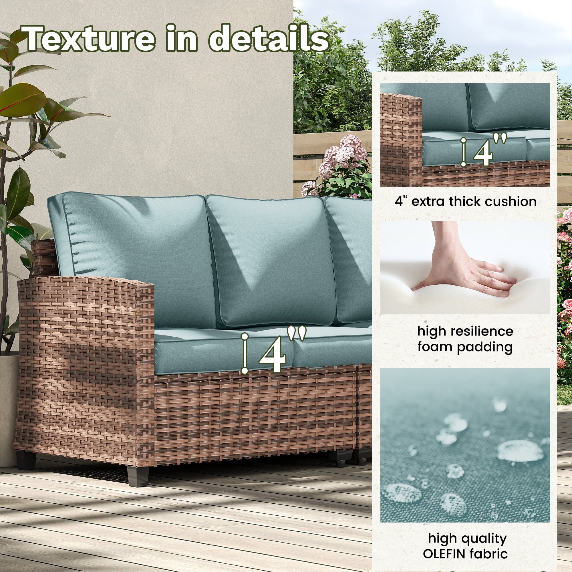 Patio Furniture Set with 44" Fire Pit Table, 6 Pieces Outdoor Sectional Conversation Sets, All-Weather Wicker Rattan Sofa Ottoman with 4" Thick Cushion for Garden Backyard Deck, Light Blue