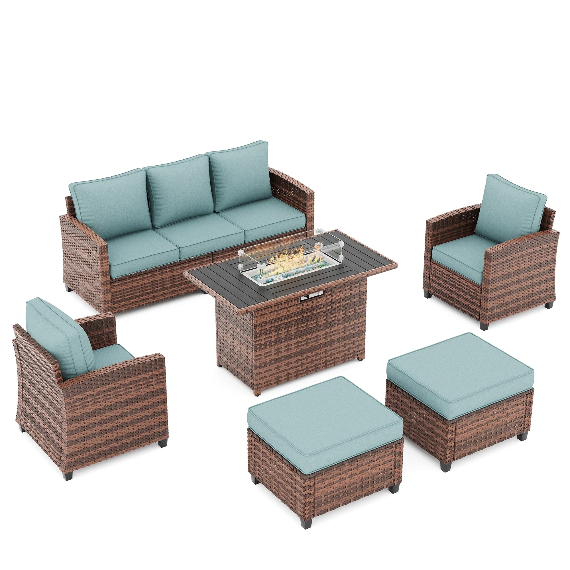 Patio Furniture Set with 44" Fire Pit Table, 6 Pieces Outdoor Sectional Conversation Sets, All-Weather Wicker Rattan Sofa Ottoman with 4" Thick Cushion for Garden Backyard Deck, Light Blue