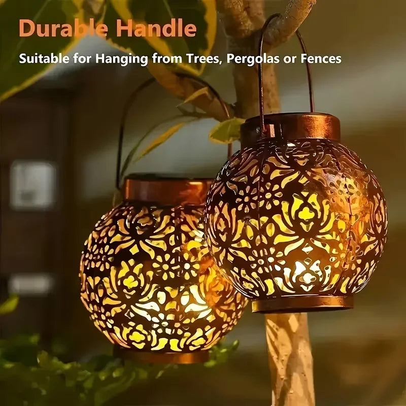 Solar LED Lantern Outdoor Iron Art Hanging Light Carved Hollow Design Waterproof Landscape Projection Lamp for Yard Garden Decor