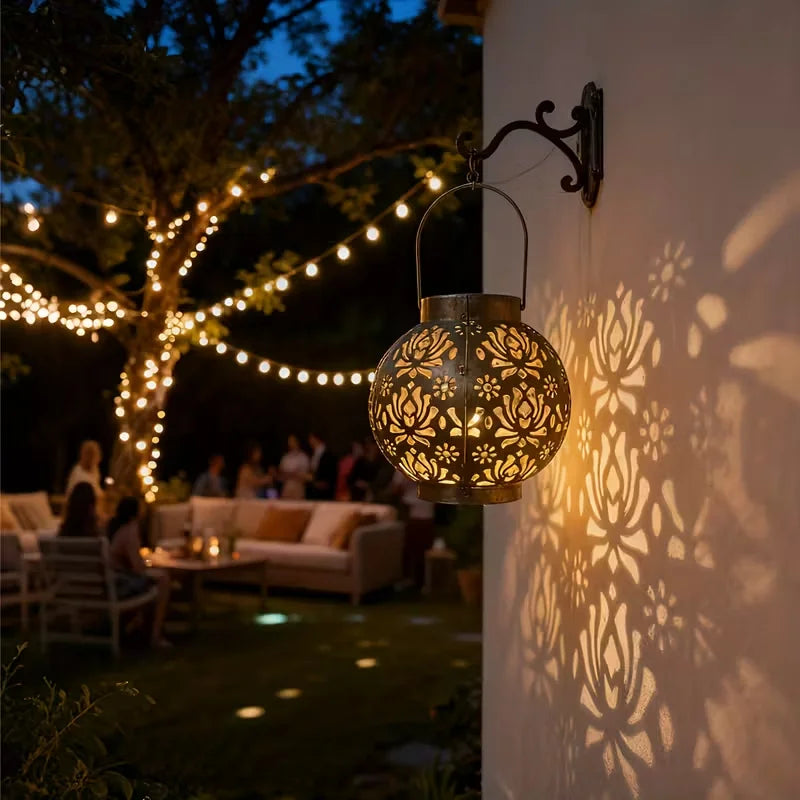 Solar LED Lantern Outdoor Iron Art Hanging Light Carved Hollow Design Waterproof Landscape Projection Lamp for Yard Garden Decor