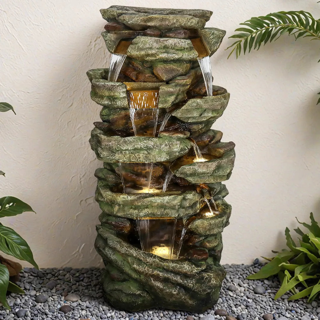 Resin Stacked Stone Rock Waterfall Outdoor Fountain with LED