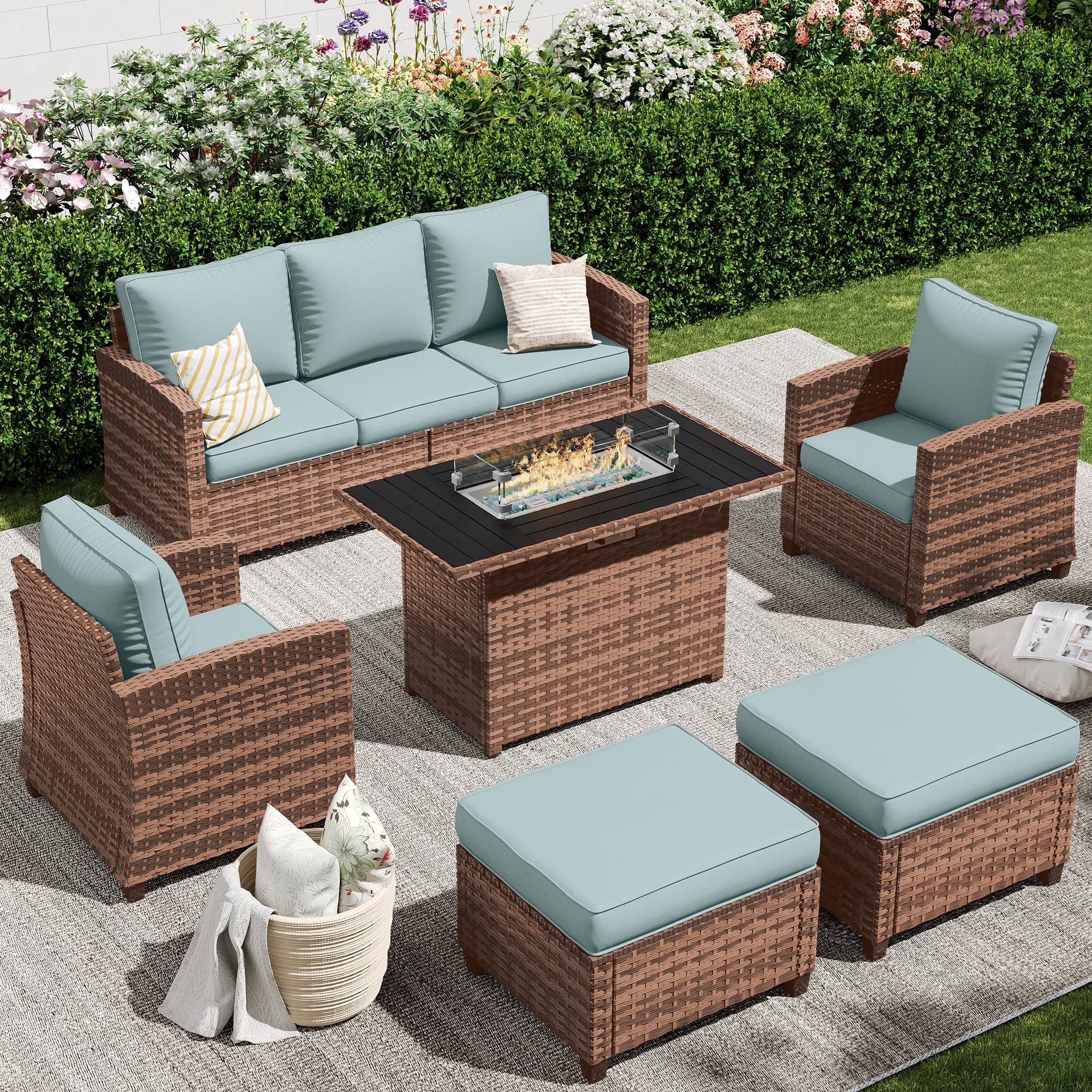 Patio Furniture Set with 44" Fire Pit Table, 6 Pieces Outdoor Sectional Conversation Sets, All-Weather Wicker Rattan Sofa Ottoman with 4" Thick Cushion for Garden Backyard Deck, Light Blue