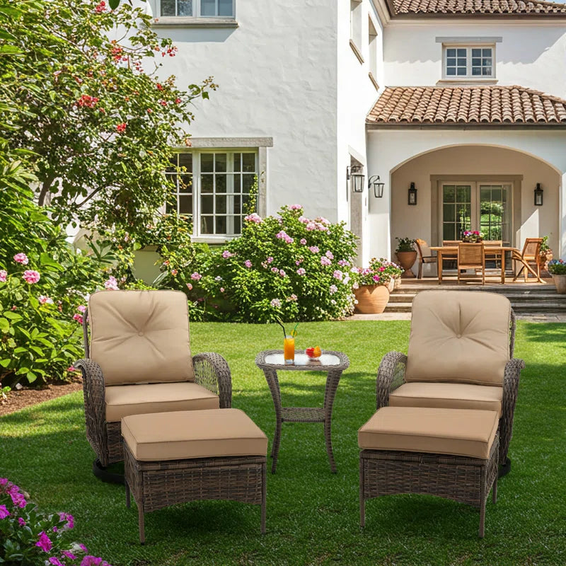 5-Piece Outdoor Patio Furniture Set with Swivel Rocking Chairs, Ottomans and Glass Coffee Table