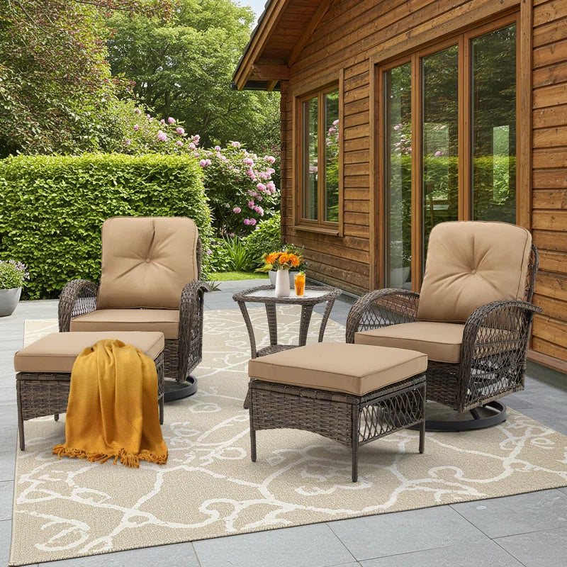 5-Piece Outdoor Patio Furniture Set with Swivel Rocking Chairs, Ottomans and Glass Coffee Table