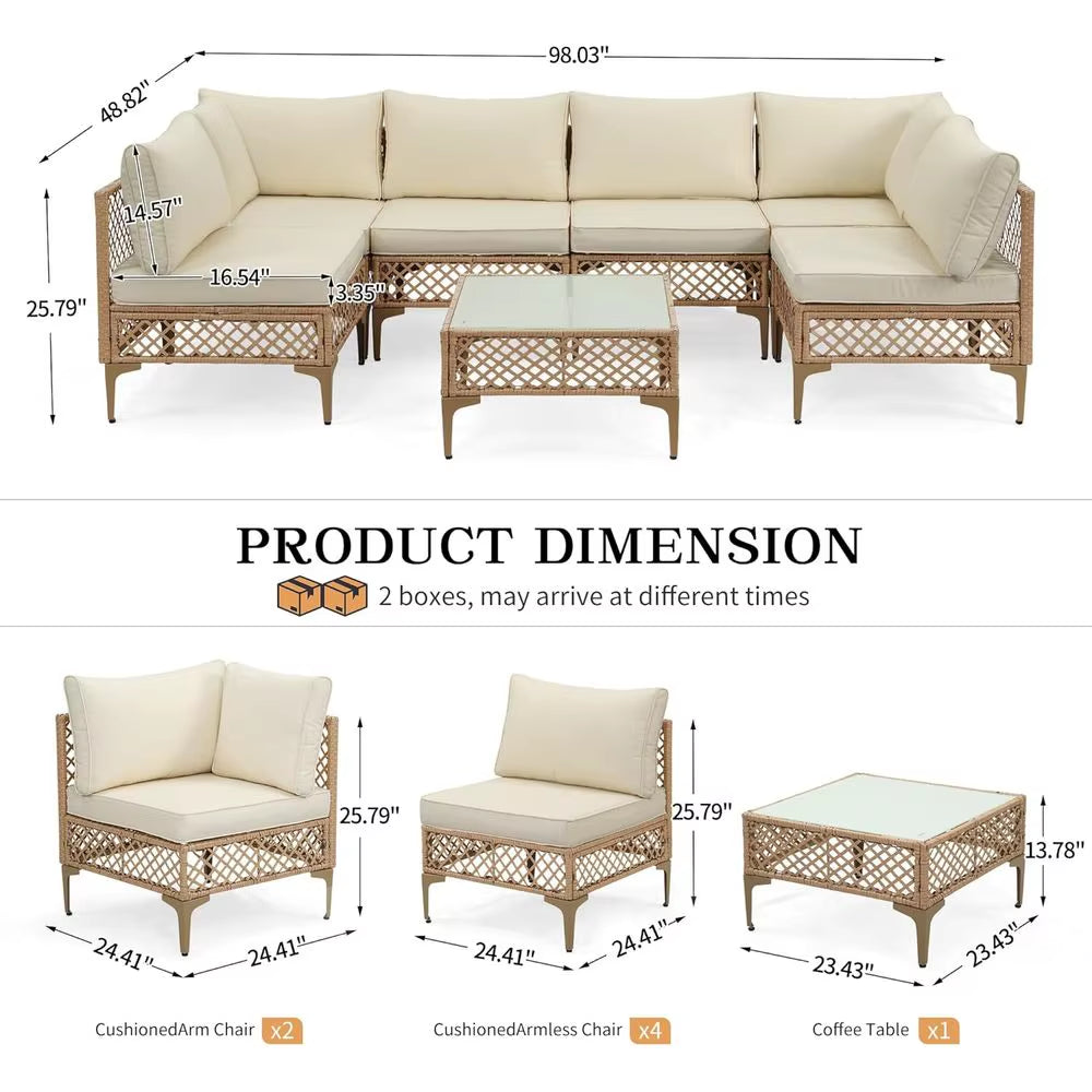 7-Piece Outdoor Wicker Sectional Patio Furniture Set with Cushions and Glass Coffee Table for Backyard, Poolside, Porch (Yellow/