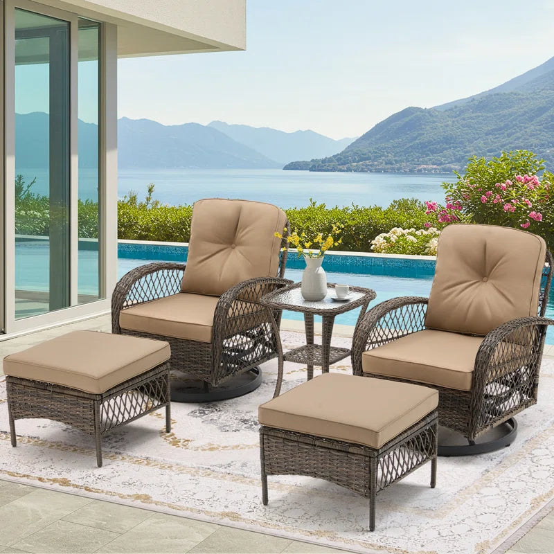 5-Piece Outdoor Patio Furniture Set with Swivel Rocking Chairs, Ottomans and Glass Coffee Table