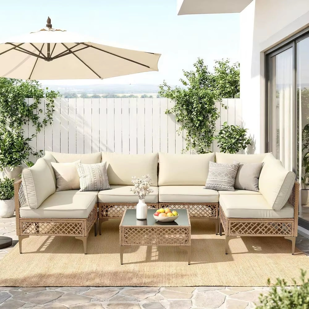 7-Piece Outdoor Wicker Sectional Patio Furniture Set with Cushions and Glass Coffee Table for Backyard, Poolside, Porch (Yellow/