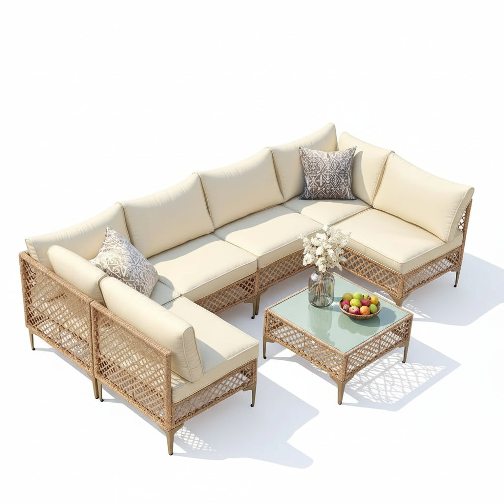 7-Piece Outdoor Wicker Sectional Patio Furniture Set with Cushions and Glass Coffee Table for Backyard, Poolside, Porch (Yellow/
