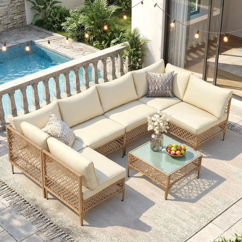 7-Piece Outdoor Wicker Sectional Patio Furniture Set with Cushions and Glass Coffee Table for Backyard, Poolside, Porch (Yellow/