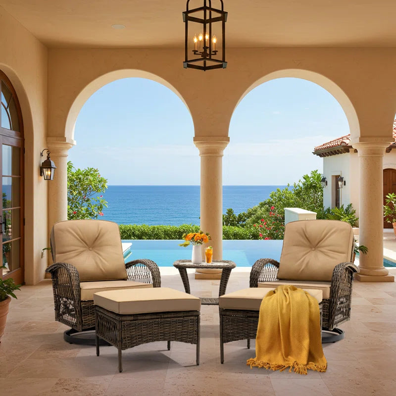 5-Piece Outdoor Patio Furniture Set with Swivel Rocking Chairs, Ottomans and Glass Coffee Table